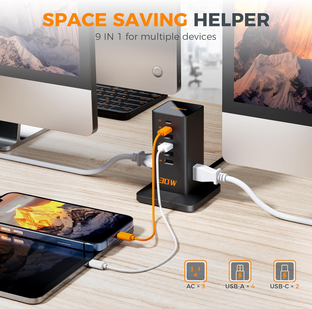 Charging Station 30W, TESSAN 9-in-1 Charger Blocks for iPhone 17/16/15/14, Tablets, Earphone with Surge Protector, 5ft Flat Extension Cord with 4 USB A, and 2 USB C for Home, Office, Dorm, Black
