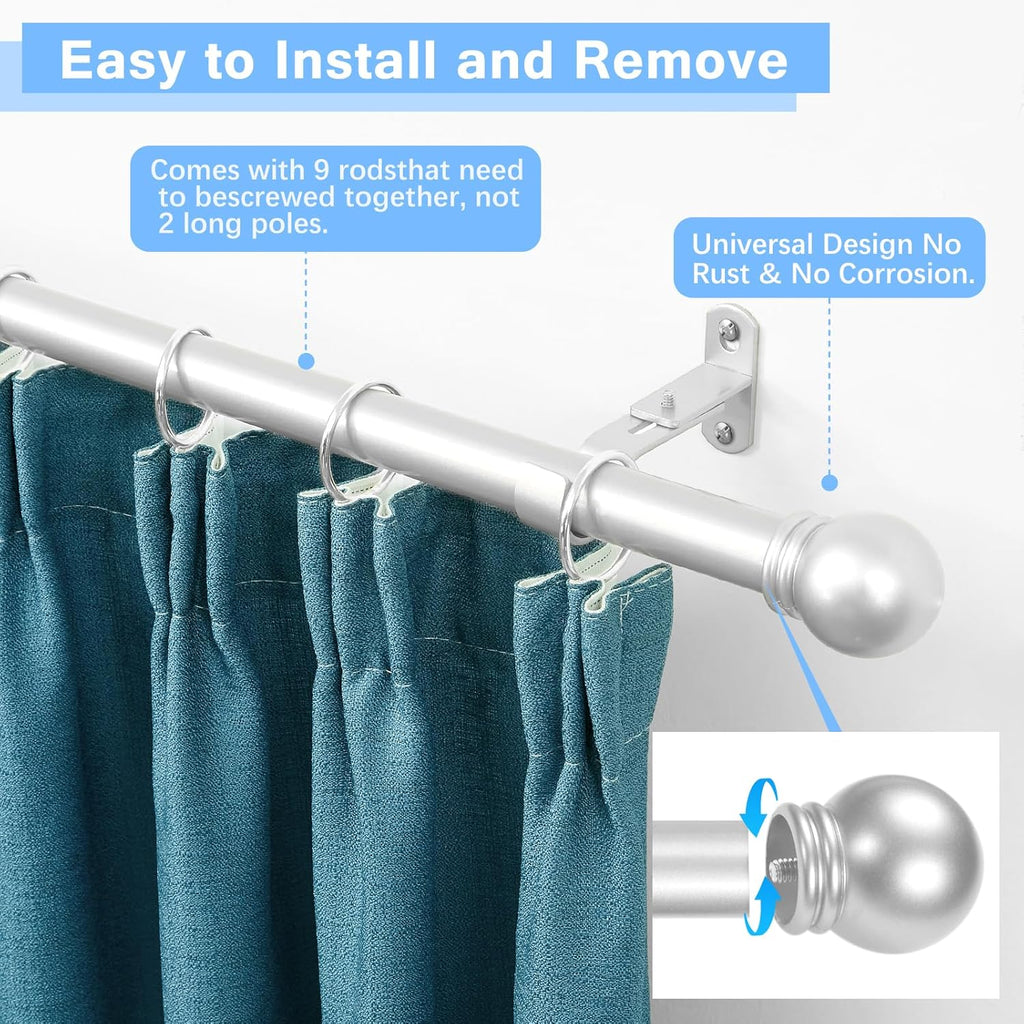 Curtain Rods for Windows 16 to 136 Inches, Curtain Rod Max Adjustable Length of 144 IN, 1" Diameter Drapery Rods Round Finials, Satin Silver, Pack of 2