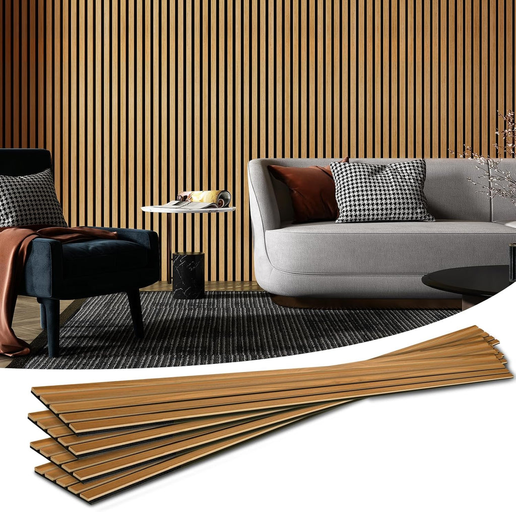 Art3d 4-Pack 94.5 x 7.9 inch Acoustic Wood Slat Wall Panels for Interior Decor, 3D Fluted Sound Absorbing Wood Paneling for Accent Wall Ceiling Kitchen Living Room Bedroom Office, Warm Teak