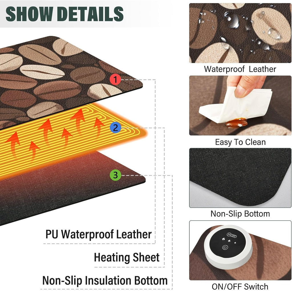 Heated Desk Pad Mouse Pad 31.5x13 Inch PU Leather Desk Mat with 3 Heat Levels Large Mouse Gaming Computer Laptop Mat Brown Vintage Coffee Beans