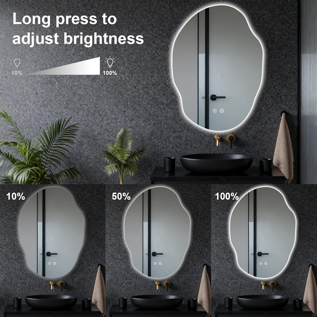Asymmetrical Bathroom Mirror with Lights,Irregular LED Bathroom Vanity Mirror with Backlit,Anti-Fog,3 Colors and Dimmable Light with Memory,Hardwired Supported[Horizontal/Vertical] 35" H x 25" W