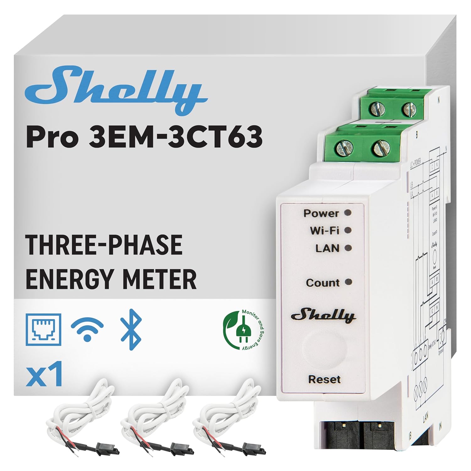 Shelly Pro 3EM 3CT 63 | Wi-Fi & LAN 3-Phase Professional Smart Energy Meter | DIN Rail | Home Automation | Compatible with Alexa & Google Home | iOS Android App | No Hub | Photovoltaic Ready