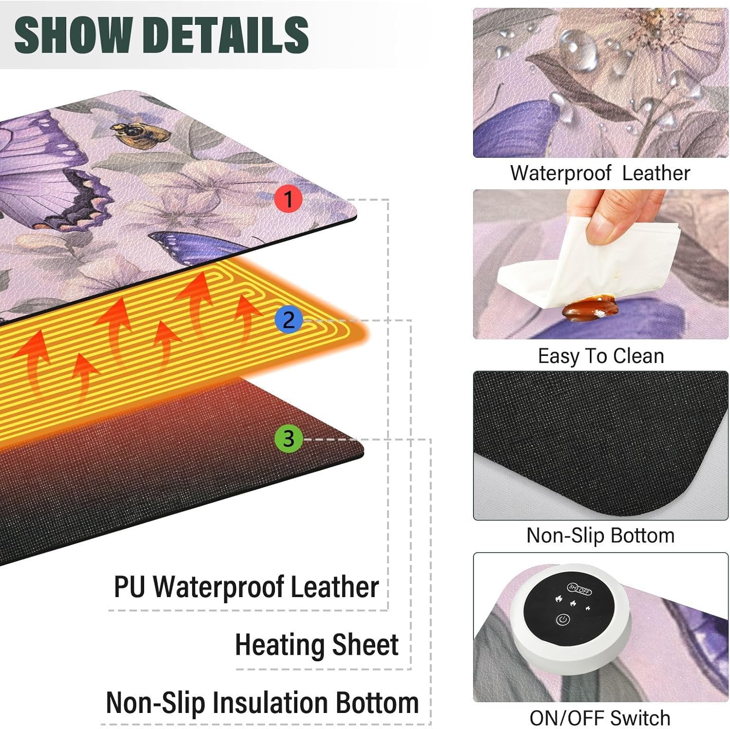 Heated Desk Pad Mouse Pad 31.5x13 Inch PU Leather Desk Mat with 3 Heat Levels Large Mouse Gaming Computer Laptop Mat Floral Purple Butterflies Bees