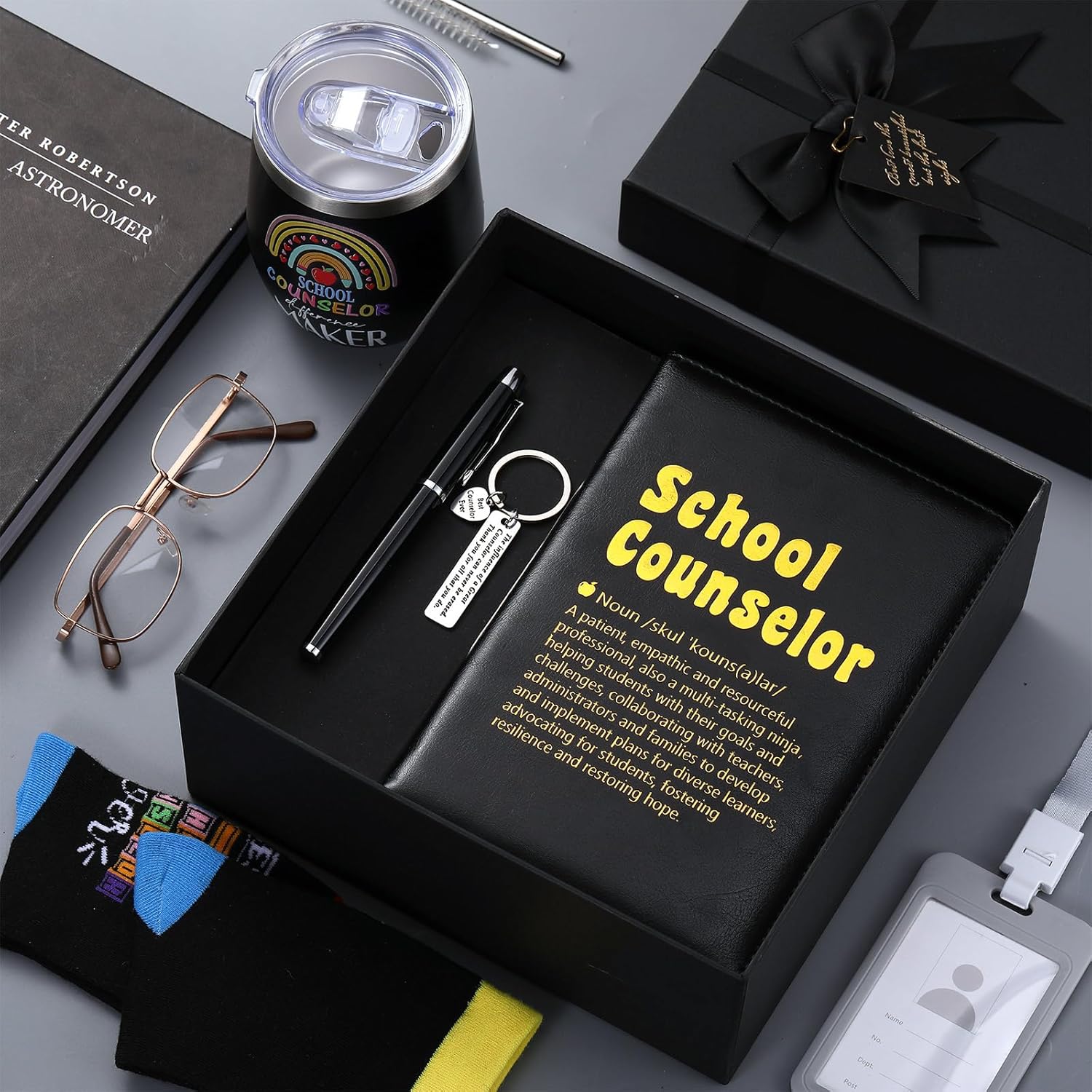 6 Pcs School Counselor Appreciation Gifts for Men Counselor Thank You Gifts 12 oz Stainless Steel Cup Socks Keychain Pen Notebook Box for School Counsellor Guidance Counseling Teacher