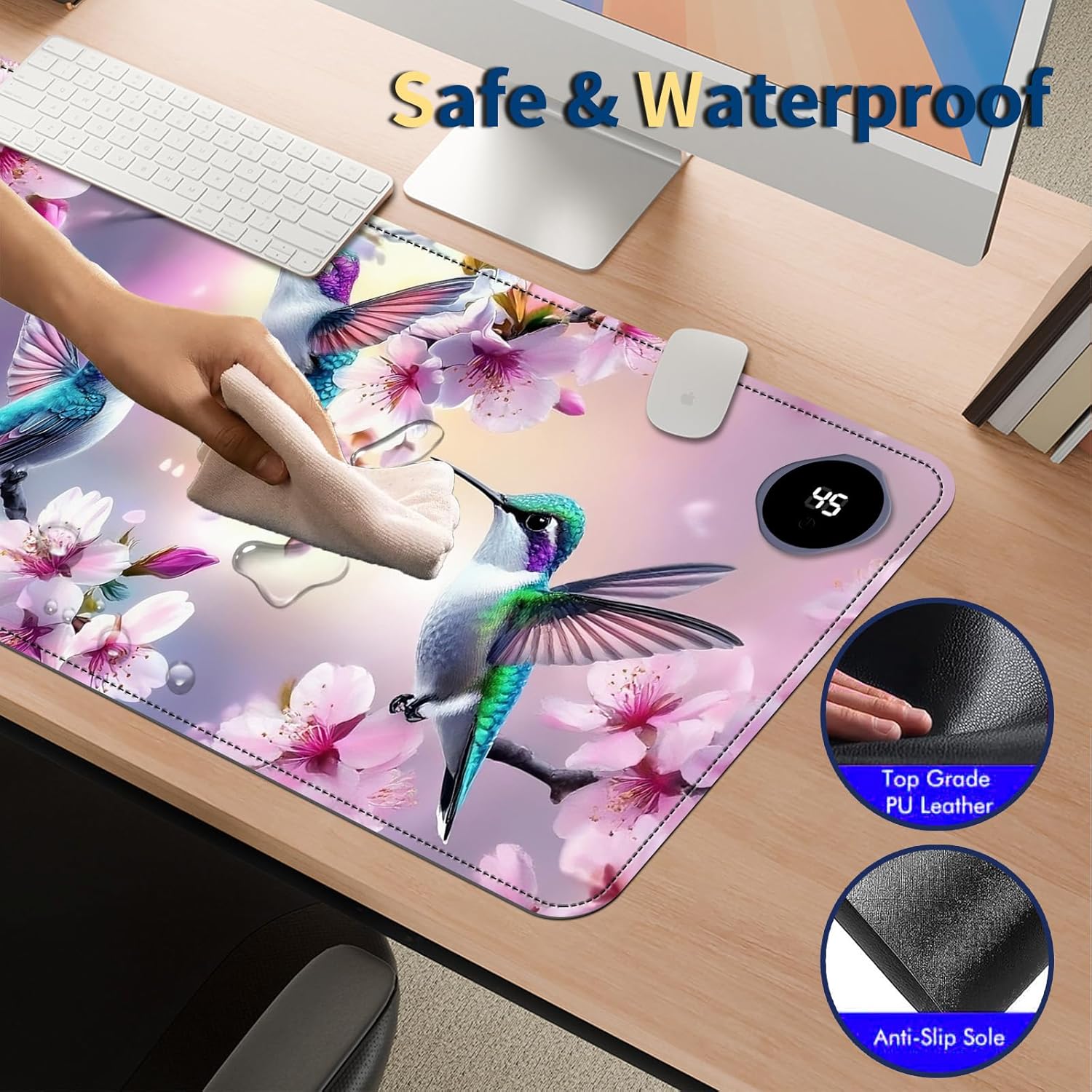 Heated Mouse Pad with 3 Temperature Settings(104°F–122°F),Large 31.5x13 Inch PU Leather Heated Desk Mat,Waterproof Warming Pad for Office,Gaming & Cold Hands Relief,Hummingbirds Flowers