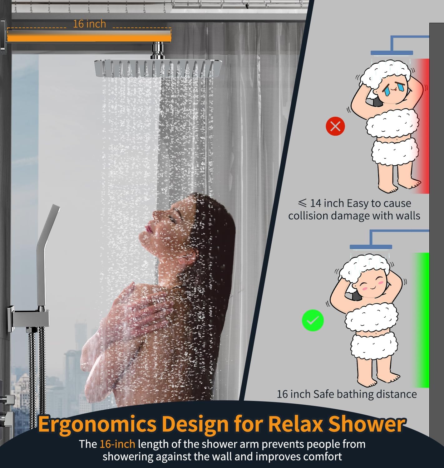 SR SUN RISE SRSH-D1203 12 Inches Bathroom Luxury Rain Mixer Shower Combo Set Wall Mounted Rainfall Shower Head System Polished Chrome Shower Faucet Rough-in Valve Body and Trim Included