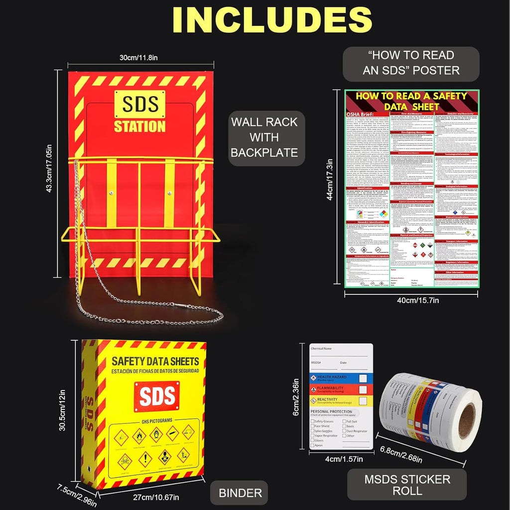 MSDS SDS Binder and Wall Station,Yellow Heavy Duty 3 Inch Material Safety Data Sheet 3 Ring Binder with SDS Wire Rack and Display Sign, Chain,Mounting Hardware,Safety Posters,MSDS Labels