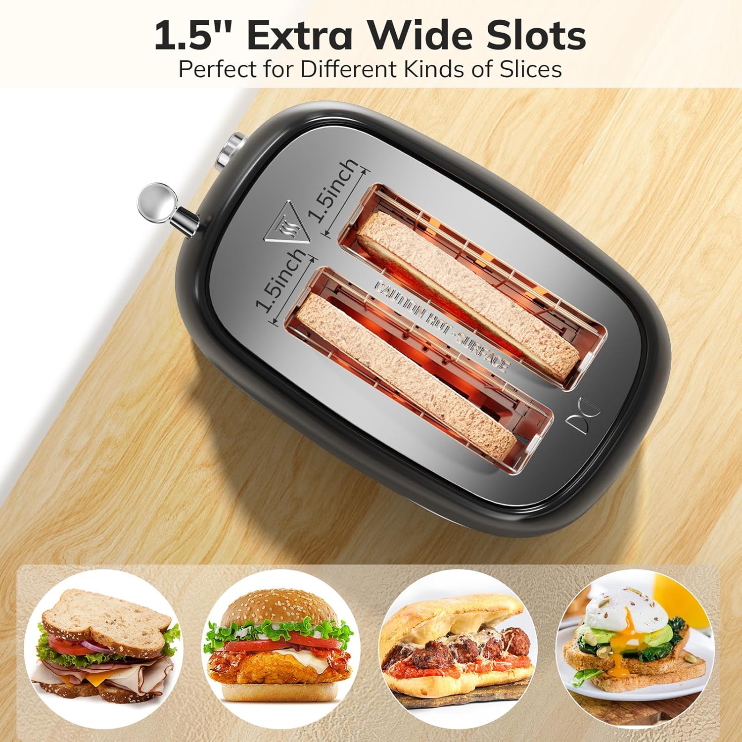 Retro Stainless Steel 2 Slice Toaster - Bagel, Cancel, Defrost Functions, 6 Shade Settings, Extra Wide Slot, Removable Crumb Tray (Black)