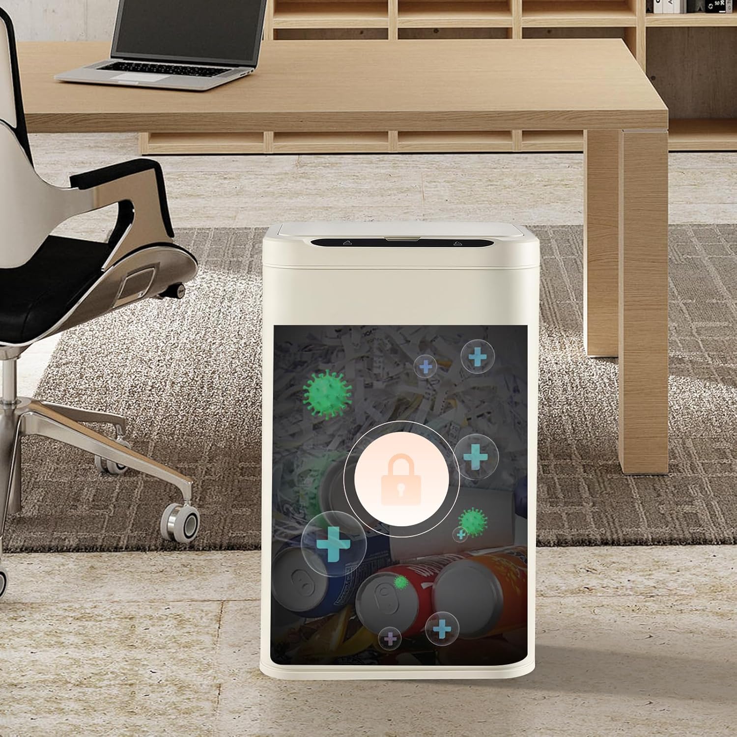 ELPHECO Stainless Steel Office Trash Can Motion Sensor Garbage Can Touchless Smart Trash Can Automatic Waste Bin for Kitchen, Office, Bathroom (Cream Beige, 6.6 Gallons), 2AA