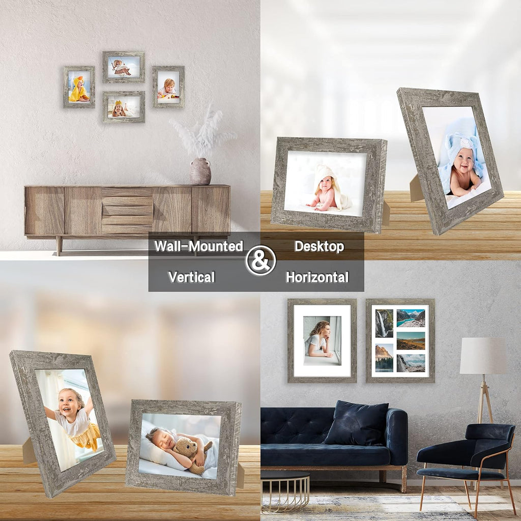 iRahmen 5x7 Picture Frame Set of 4, High Definition Glass Distressed Moss Green Frame, 5 x 7 Wood Photo Frames for Tabletop Display and Wall Mounting