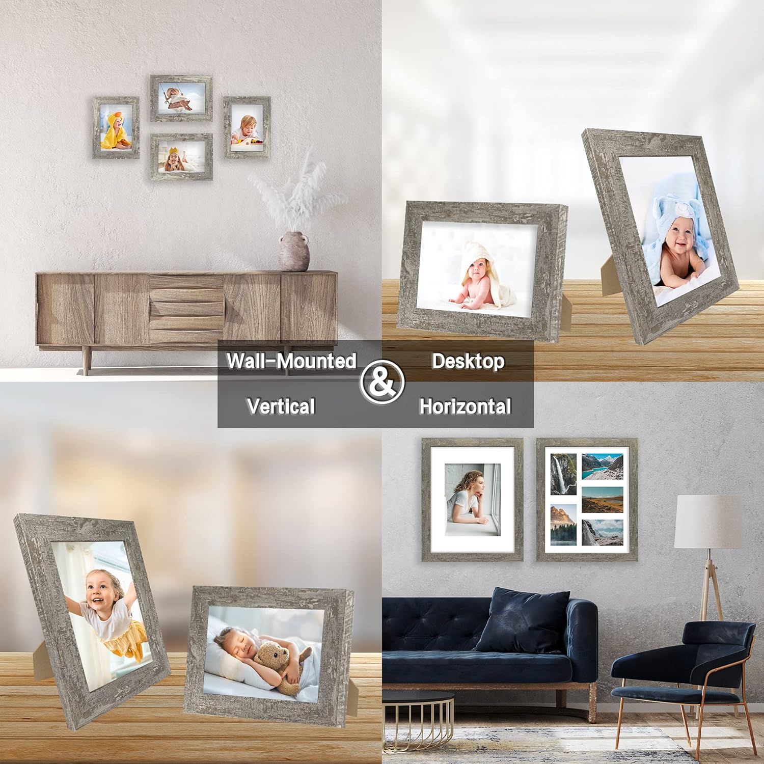 iRahmen 5x7 Picture Frame Set of 4, High Definition Glass Distressed Moss Green Frame, 5 x 7 Wood Photo Frames for Tabletop Display and Wall Mounting