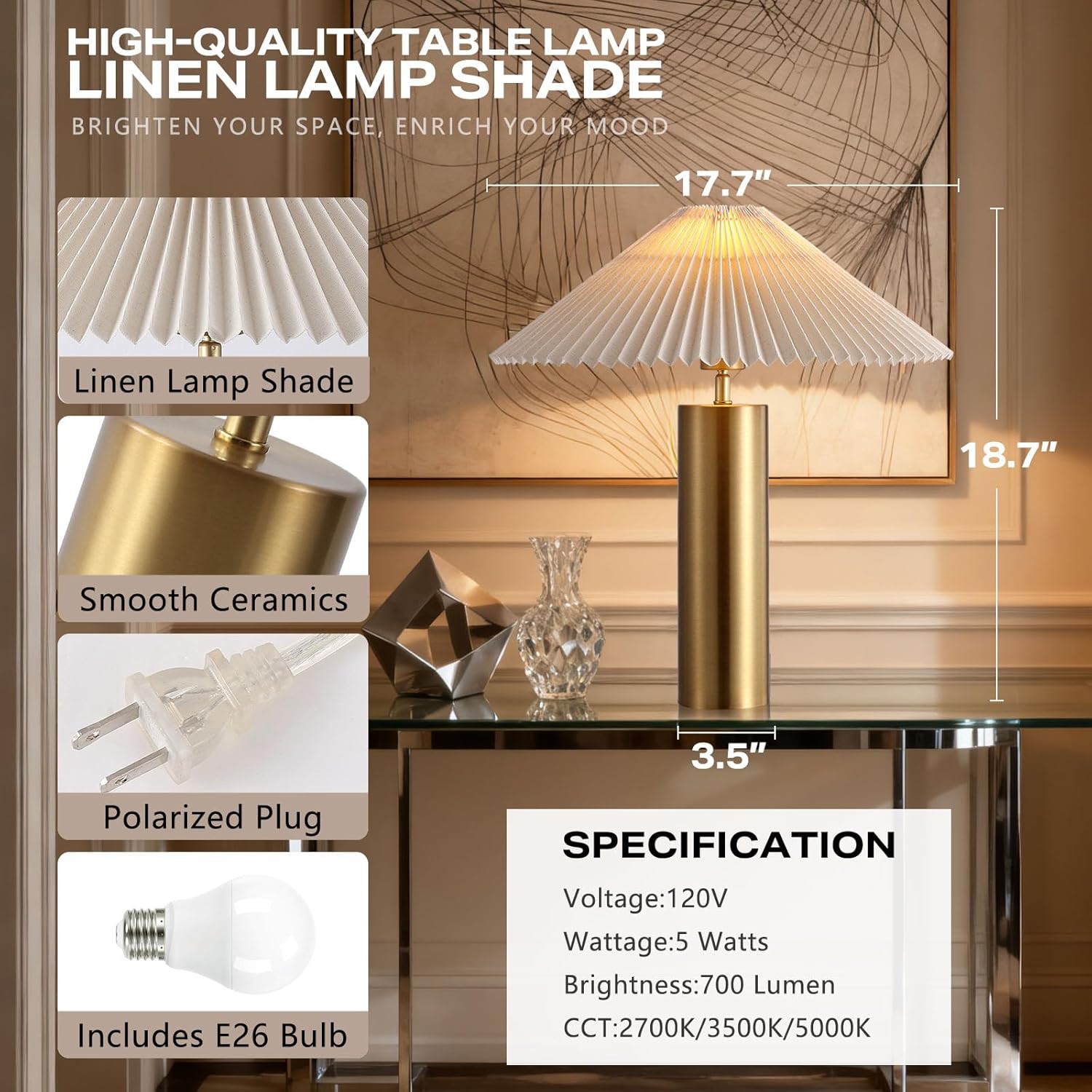 Modern Table Lamp with Metal Blade Lampshade and Cylindrical Base, E26 Bulb Compatible, Contemporary Accent Light for Living Room, Bedroom, Office (Gold)