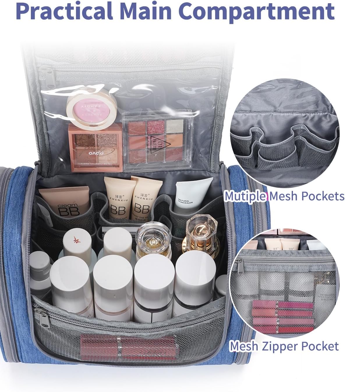 Narwey Hanging Toiletry Bag for Women Travel Makeup Bag Organizer Toiletries Bag Men for Cosmetics Essentials Accessories (Large, Navy Blue)