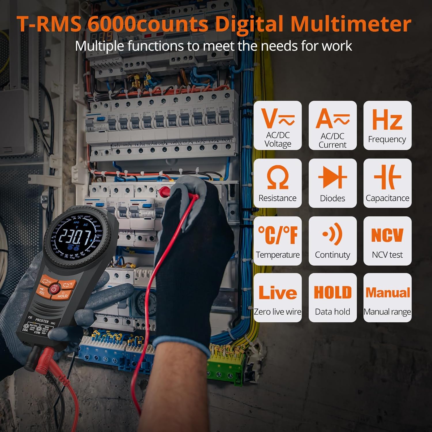 Proster Smart Multimeter Tester - 6000 Counts Multi Meter TRMS AC/DC Voltage & Current NCV Temperature Capacitance Resistance Diode Continuity Frequency Flashlight & Adjustable Screen Backlight