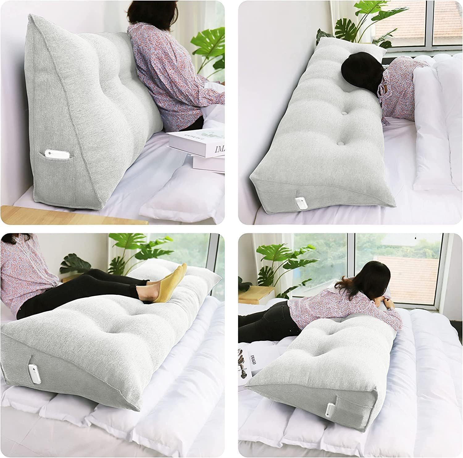 WOWMAX Triangular Headboard Pillow Bed Wedge Pillow for Headboard Full Size Wedge Pillow Headboard for Daybed Bunk Bed Large Bolster Pillow for Bed with Removable Cover, Grey-Beige
