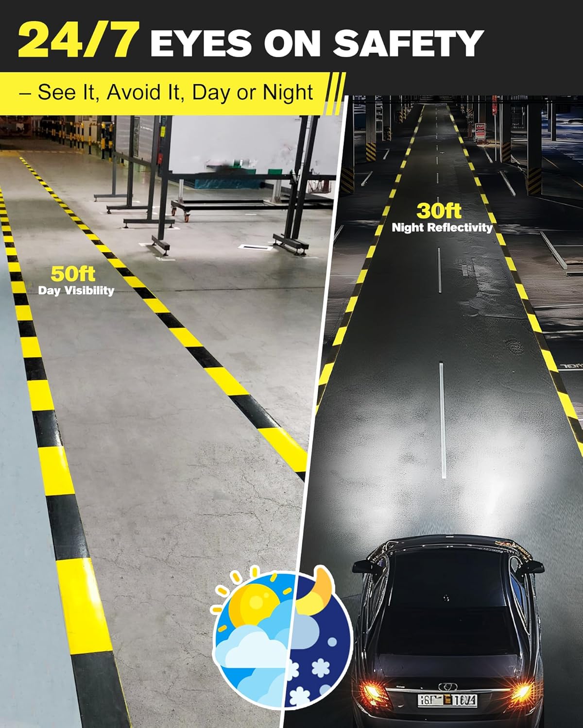 Avery Dennison Safety Floor Tape 2 Inch x 108 FT, Heavy-Duty PVC Forklift-Resistant, High-Visibility Reflective for Warehouse/Factory/Parking, Black & Yellow, ROHS/Reach Certified (1 Roll)