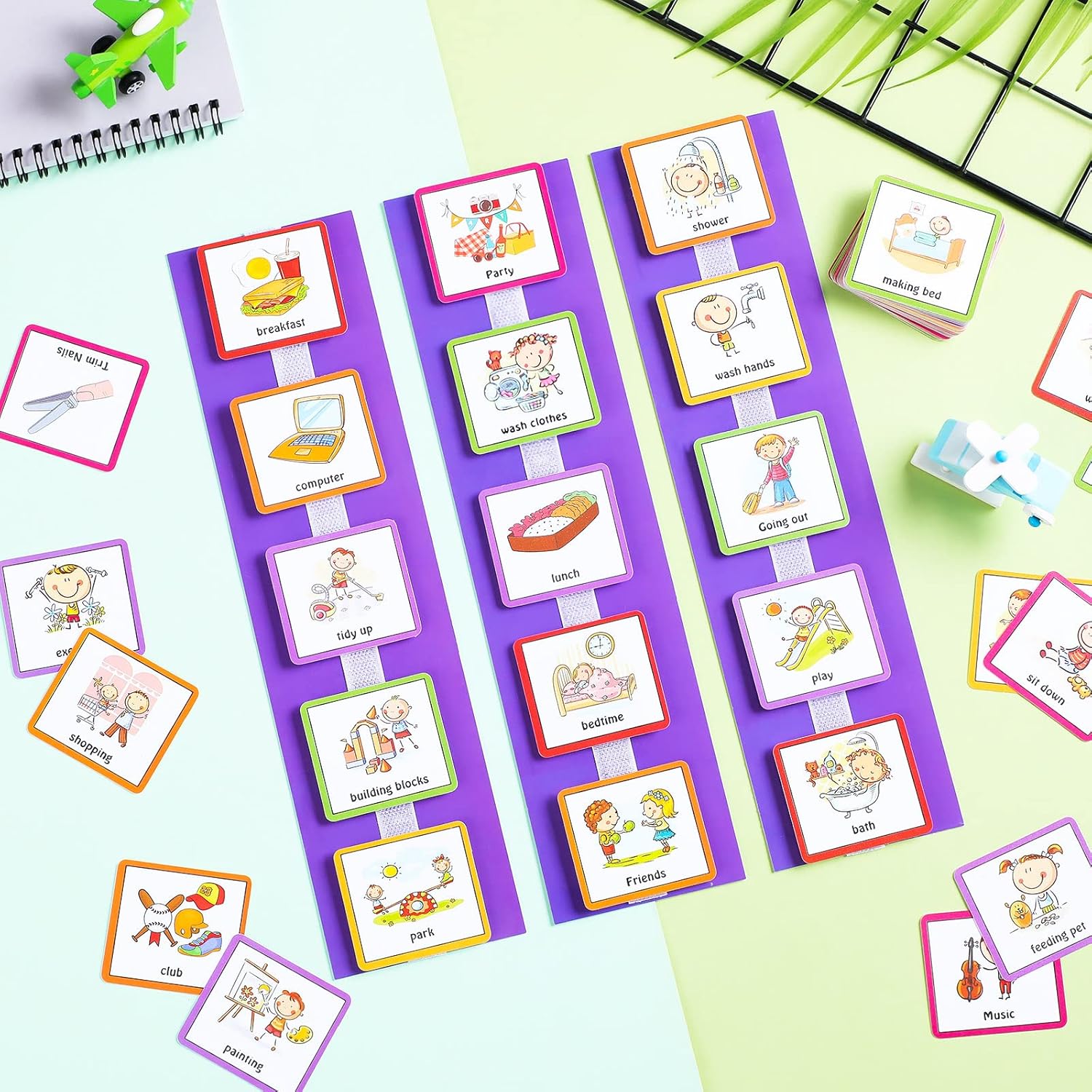 Geyee 60 Pcs Visual Schedule Cards Daily Routine Chart Visual Planner Cards Bulk for Autism Learning Materials Asperger's ADHD Home Education Behavioral Tool(Purple)