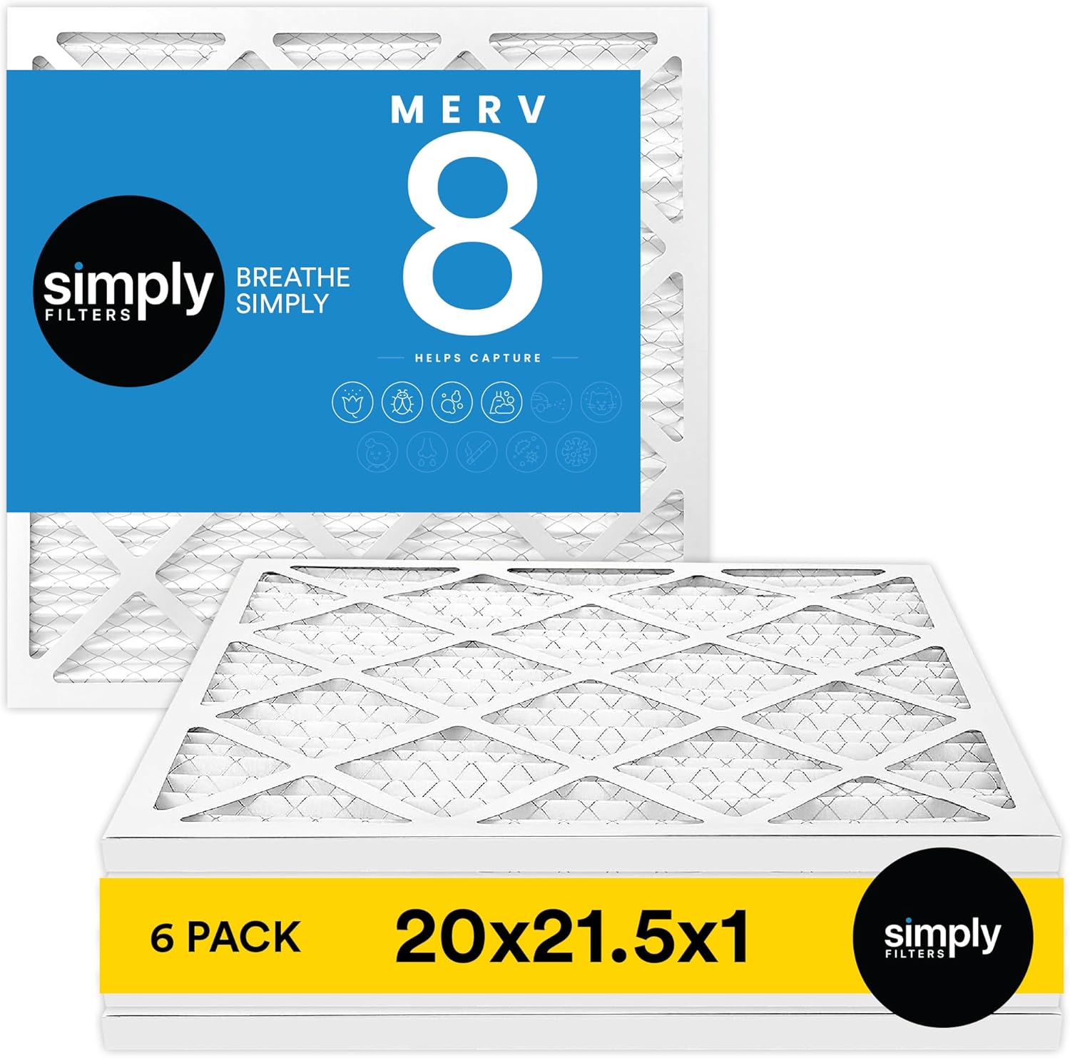 Simply 20x21.5x1 Air Filter, Merv 8, 6 Pack, For Home AC Furnace & HVAC (Actual Size: 20x21.5x0.75") DUST, Pet, & Allergy Control
