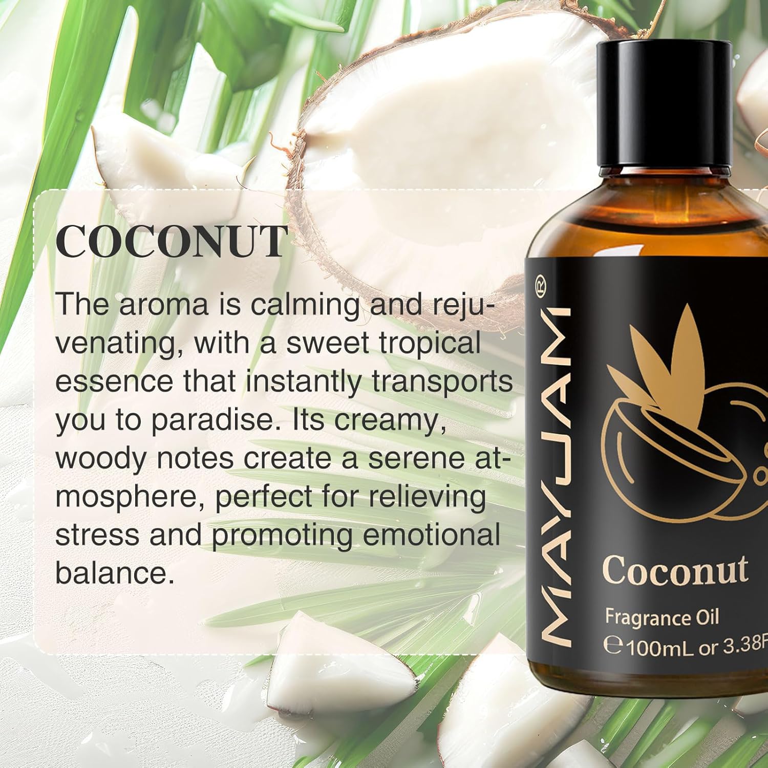 MAYJAM 100ML/3.38FL.OZ Coconut Fragrance Oils with Glass Dropper, Essential Oils for Diffusers for Home, Long Lasting Scented Oils for Diffusers Soap Candle Making