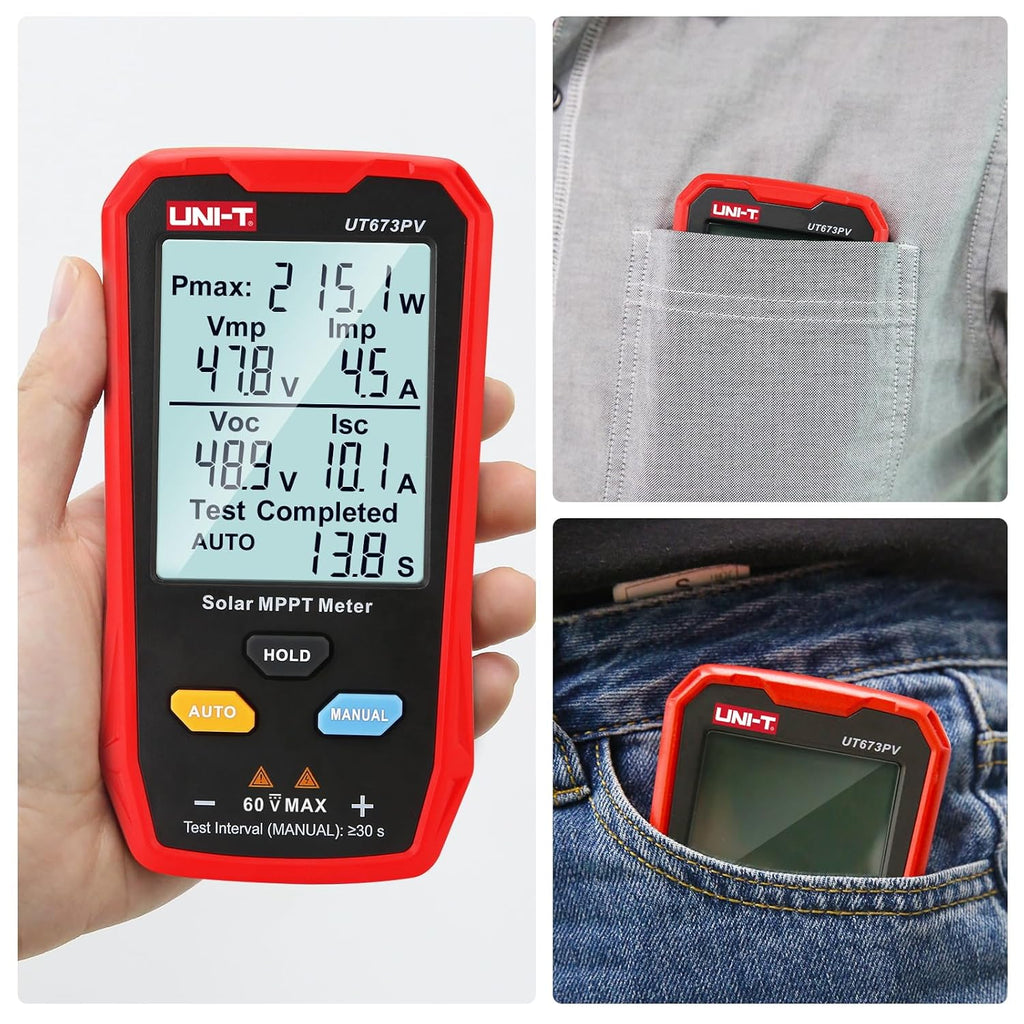 UNI-T UT673PV Solar Panel Tester, Solar MPPT Meter, 800W Photovoltaic Module Maximum Power Tester, Intelligent Manual/Auto MPPT Test, Large LCD and Multiple Result Displays