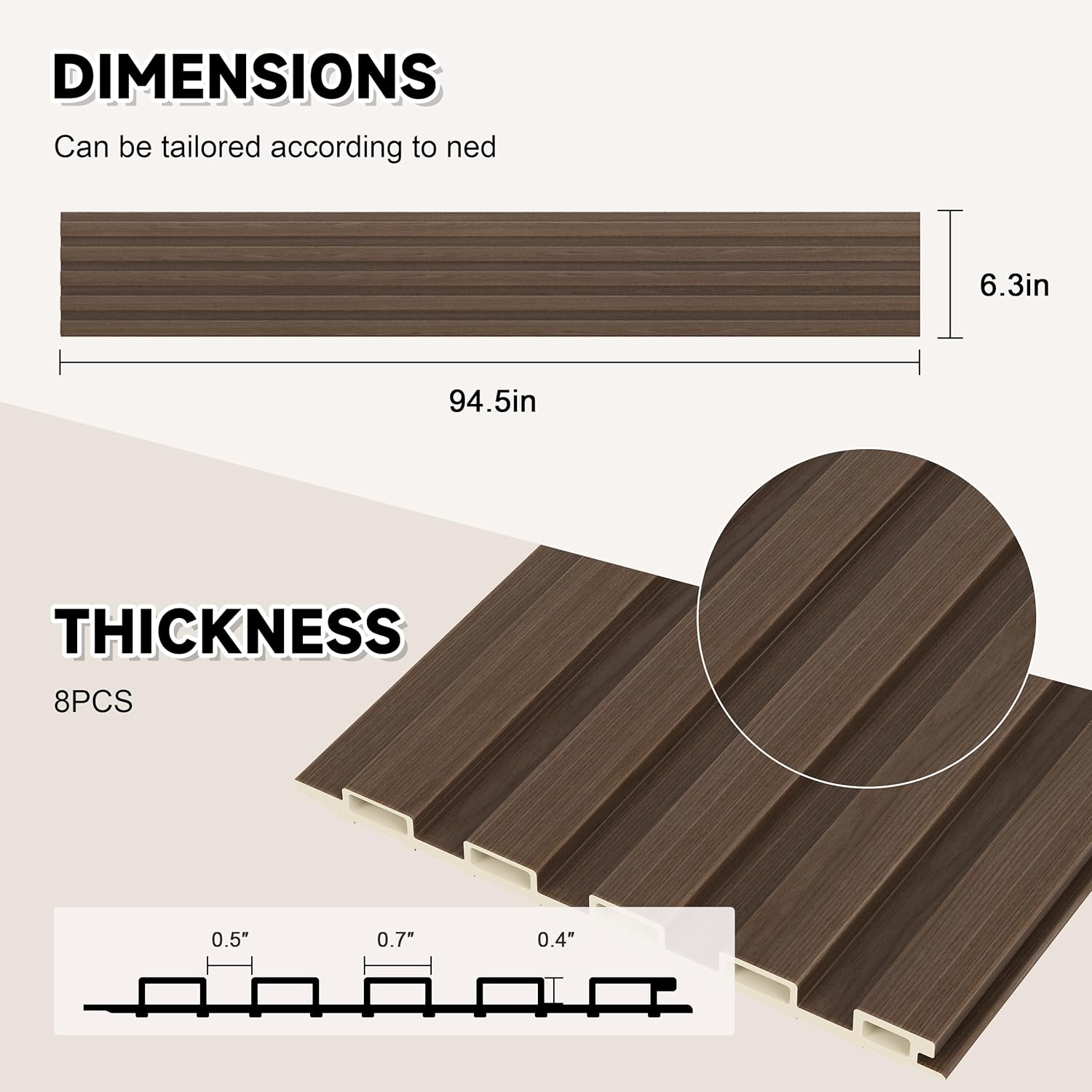 WPC Slat Wall Paneling, 8-Pack 3D WPC Wood Wall Panels, Acoustic Wall Panels for Interior Wall Decor, Living Room, Bedroom, Walnut, 95 x 6 in