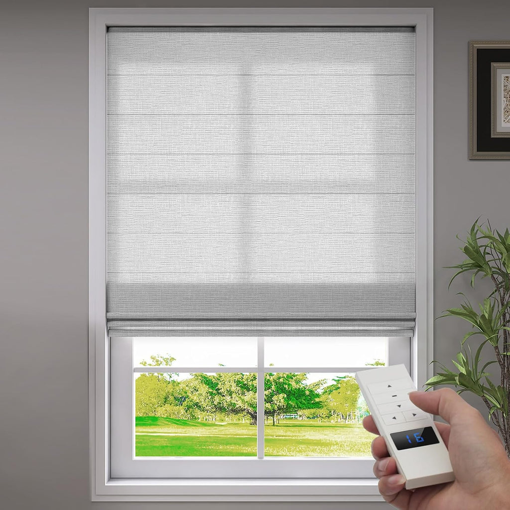 ZSTARR Smart Roman Shades Rechargeable Motorized Blinds with Remote Light Filtering Roman Window Shades Plain Fold Soft for Doors Bedroom, Custom Size (Sheer Gray)