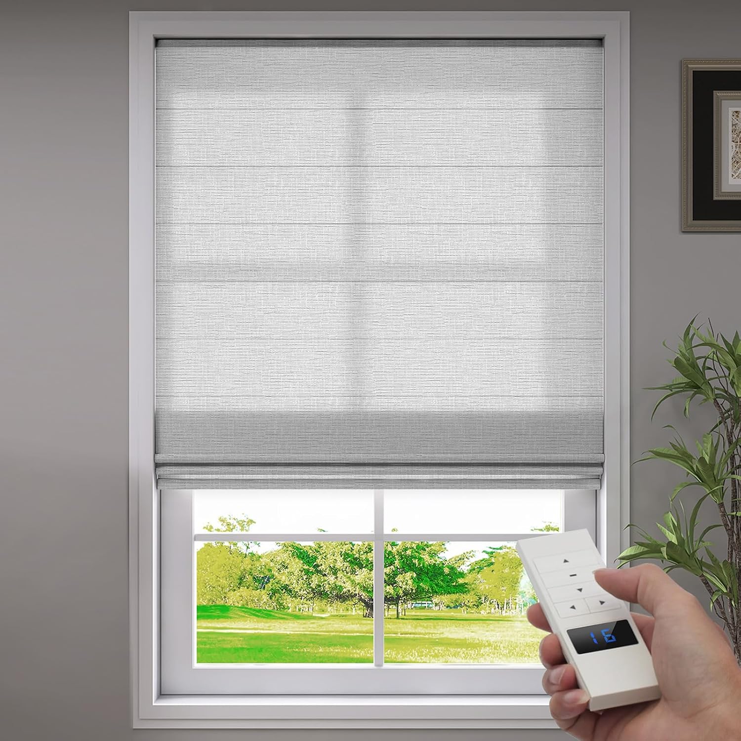 ZSTARR Smart Roman Shades Rechargeable Motorized Blinds with Remote Light Filtering Roman Window Shades Plain Fold Soft for Doors Bedroom, Custom Size (Sheer Gray)