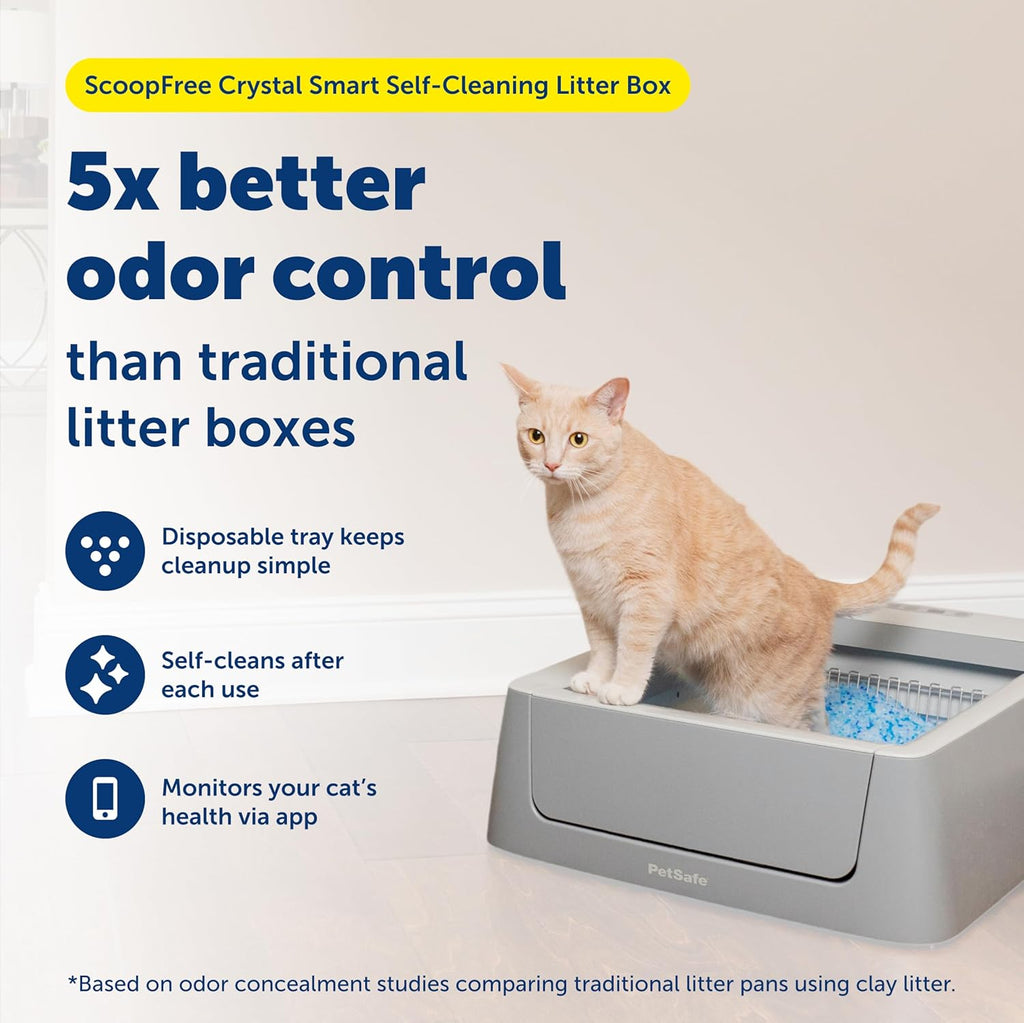 PetSafe ScoopFree Crystal Smart Self-Cleaning Automatic Litter Box - Front Entry - Uncovered Motion-Sensing Cat Box with Integrated Health Counter & App - Includes 1 Disposable Crystal Litter Tray