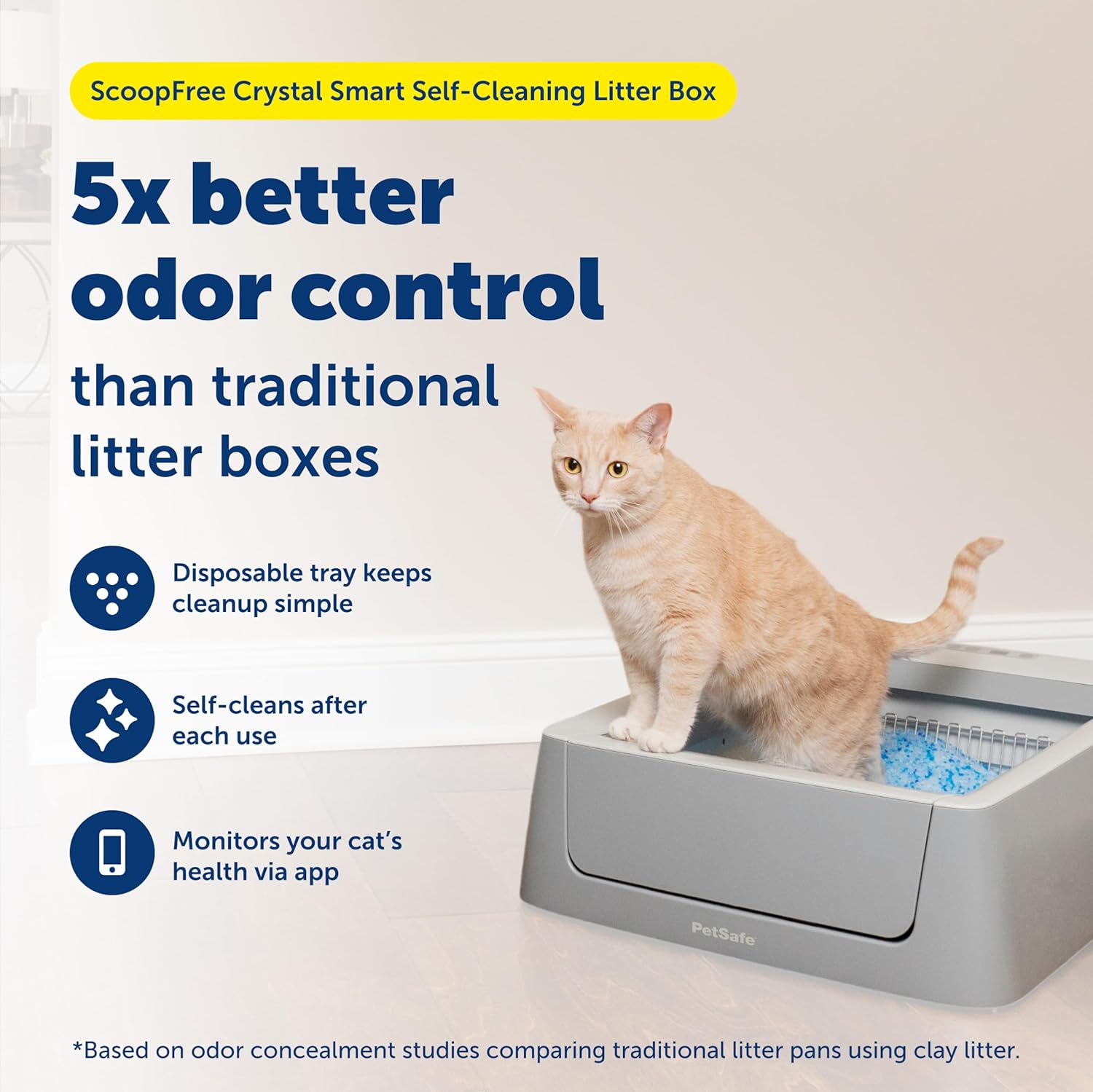 PetSafe ScoopFree Crystal Smart Self-Cleaning Automatic Litter Box - Front Entry - Uncovered Motion-Sensing Cat Box with Integrated Health Counter & App - Includes 1 Disposable Crystal Litter Tray