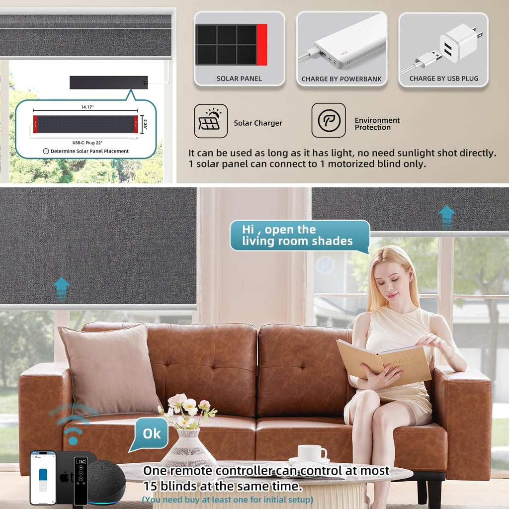 SmartWings Motorized 100% Blackout Shades Blinds, Custom Size, Cordless Window Shades Rechargeable Battery, Work with Matter/Apple HomeKit, Alexa, Thread/Zigbee, Remote Optional, Eclipse Anchor Grey