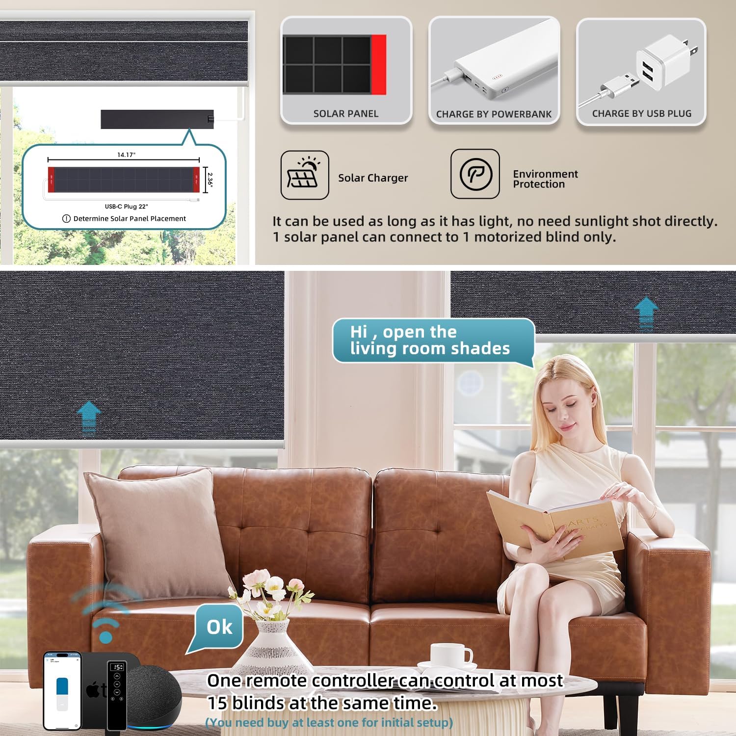 SmartWings Motorized 100% Blackout Shades Blinds, Custom Size, Cordless Window Shades Rechargeable Battery, Work with Matter/Apple HomeKit/Alexa, Thread/Zigbee, Remote Optional, Eclipse Raven Black
