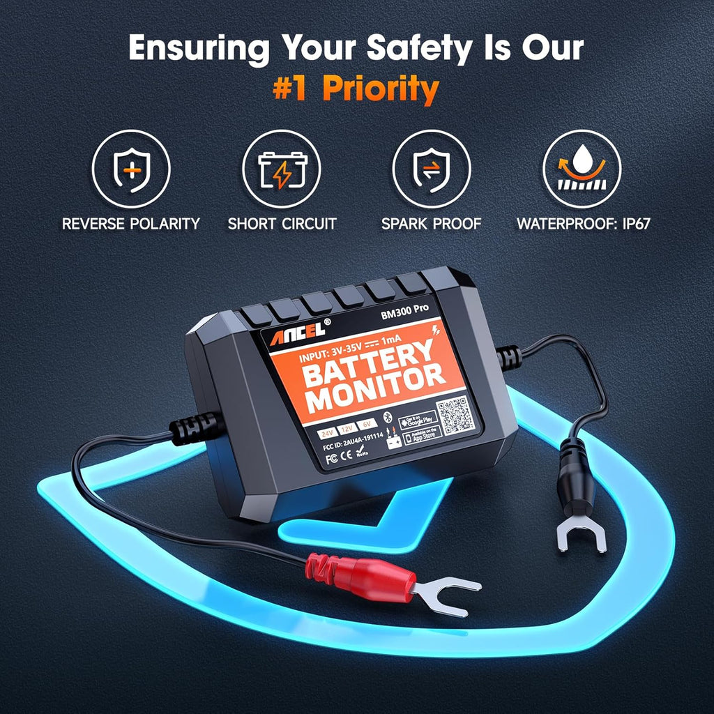 ANCEL BM Series 24V 12V 6V Battery Monitor - BM300 Pro Bluetooth 5.3 Battery Monitor with Charging, Cranking System Test & Alarm - IP67 Waterproof Voltmeter for Trucks, Cars, Motorcycles, Boats