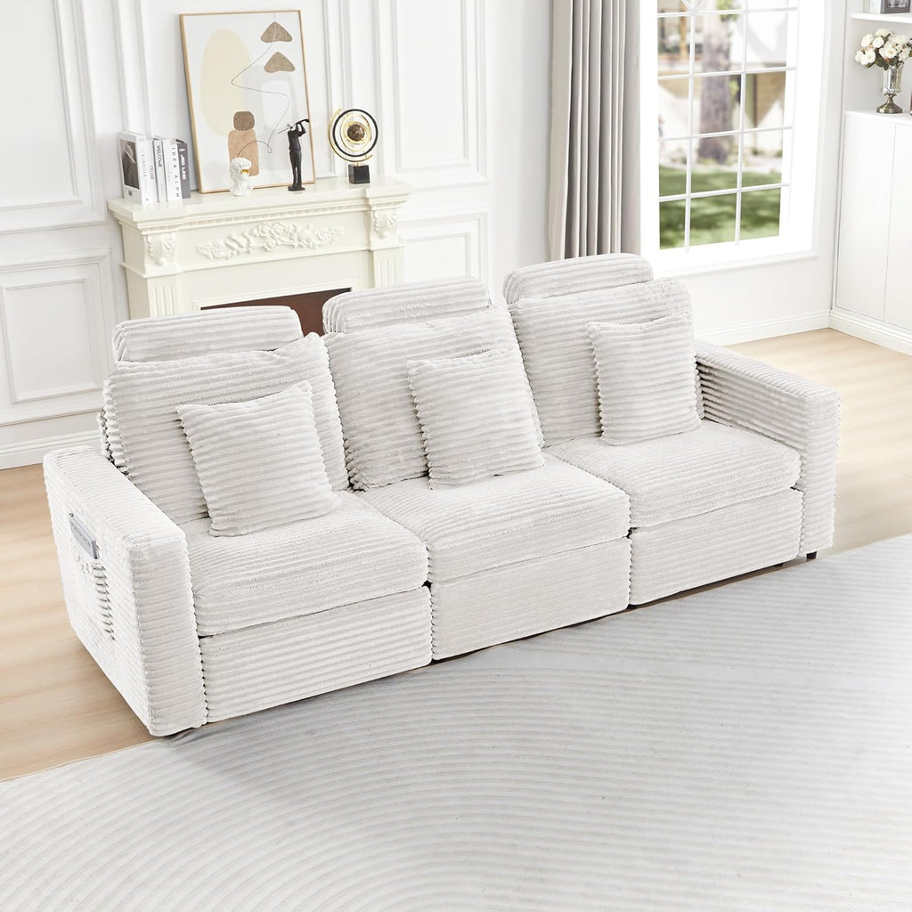 LEVNARY 3-Seater Modular Reclining Sofa, Faux Rabbit Fur Power Recliner Couch with 3 Electric Seats, 3 Pillows & Side Pockets, Adjustable Back & Footrest, Living Room Furniture (White)
