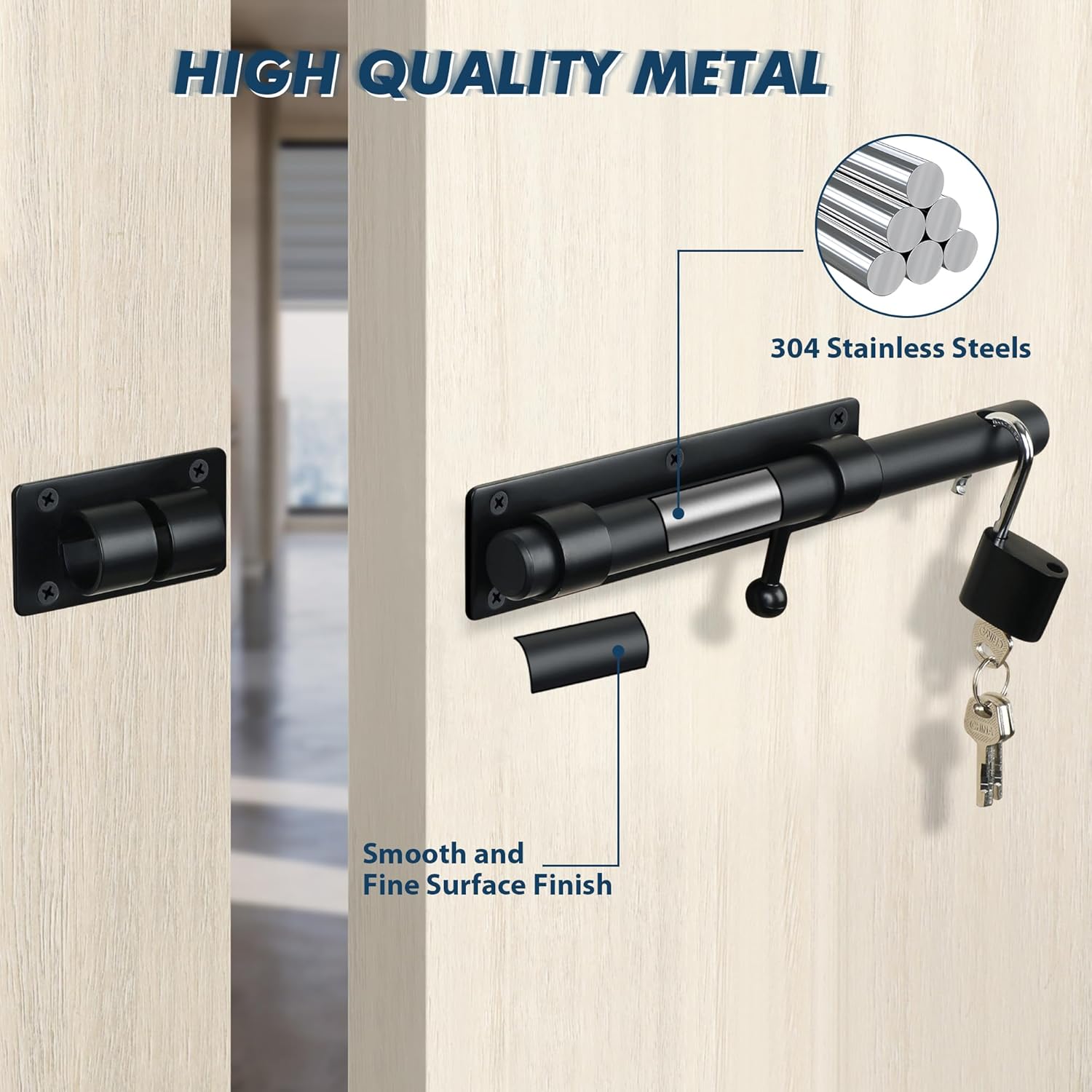 Alise 10 inch Barrel Bolt Latch, Slide Bolt Latch, Heavy Duty Solid SUS304 Stainless Steel Slide Lock for Wooden Fence,Barn Door,Interior or Outdoor Door Matte Black MST8100-B