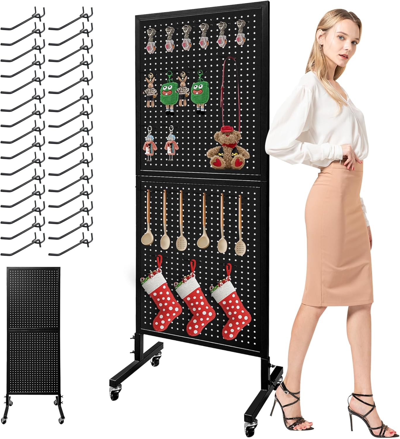 Royxen Standing Pegboard Display 2 x 5 Feet, Metal Pegboard with 30 Hooks, Peg Board Display Stand with Wheels for Vendors, Home and Retail Store (Black)