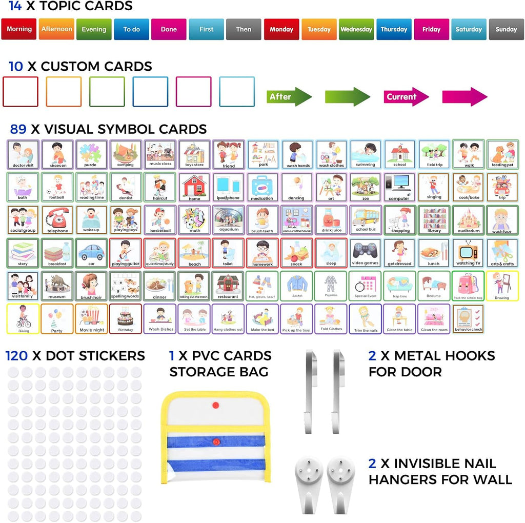 KIKIGOAL Kids Visual Schedule Calendar Chart, Double Side Autism Daily Chore Routine Chart with 113 Cards Autism Learning Materials Kids Visual Behavioral Tool Wall Planner for Home School