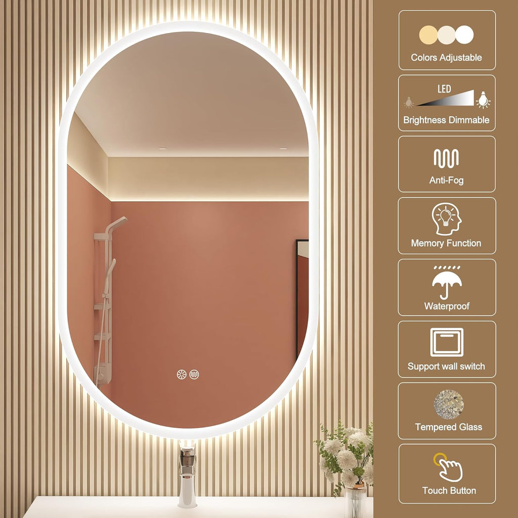 STARLEAD 32"x20" LED-Bathroom-Mirror-with-Lights, Wall-Mounted with Anti-Fog, 3 Color Temperature, Dimmable Brightness, Waterproof, Tempered Glass, Frontlit & Backlit, Oval