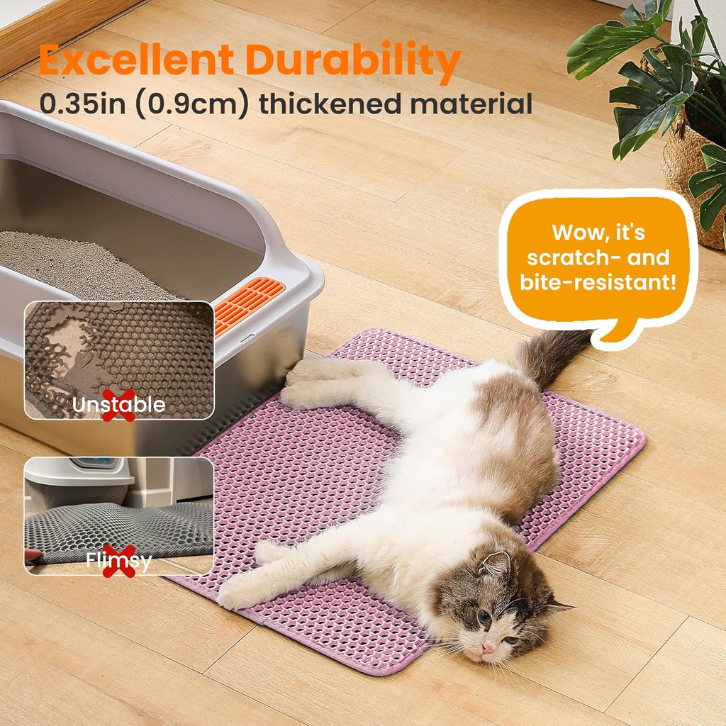 Cat Litter Mat, 24x18 Inches Large Double Layer Honeycomb Cat Litter Trapping Mat, Non Slip Waterproof Urine Proof Cat Litter Box Mat for Floor, Kitty Litter Rug, Cat Supplies, Pink