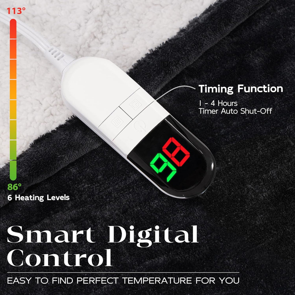 Heated Blanket Twin 62"×84" - Premium Cosy Soft Electric Blanket with 6 Heating Levels,Fast Heating Flannel Sherpa Machine Washable Blanket for Bed & Couch - Auto Shut Off (Black)