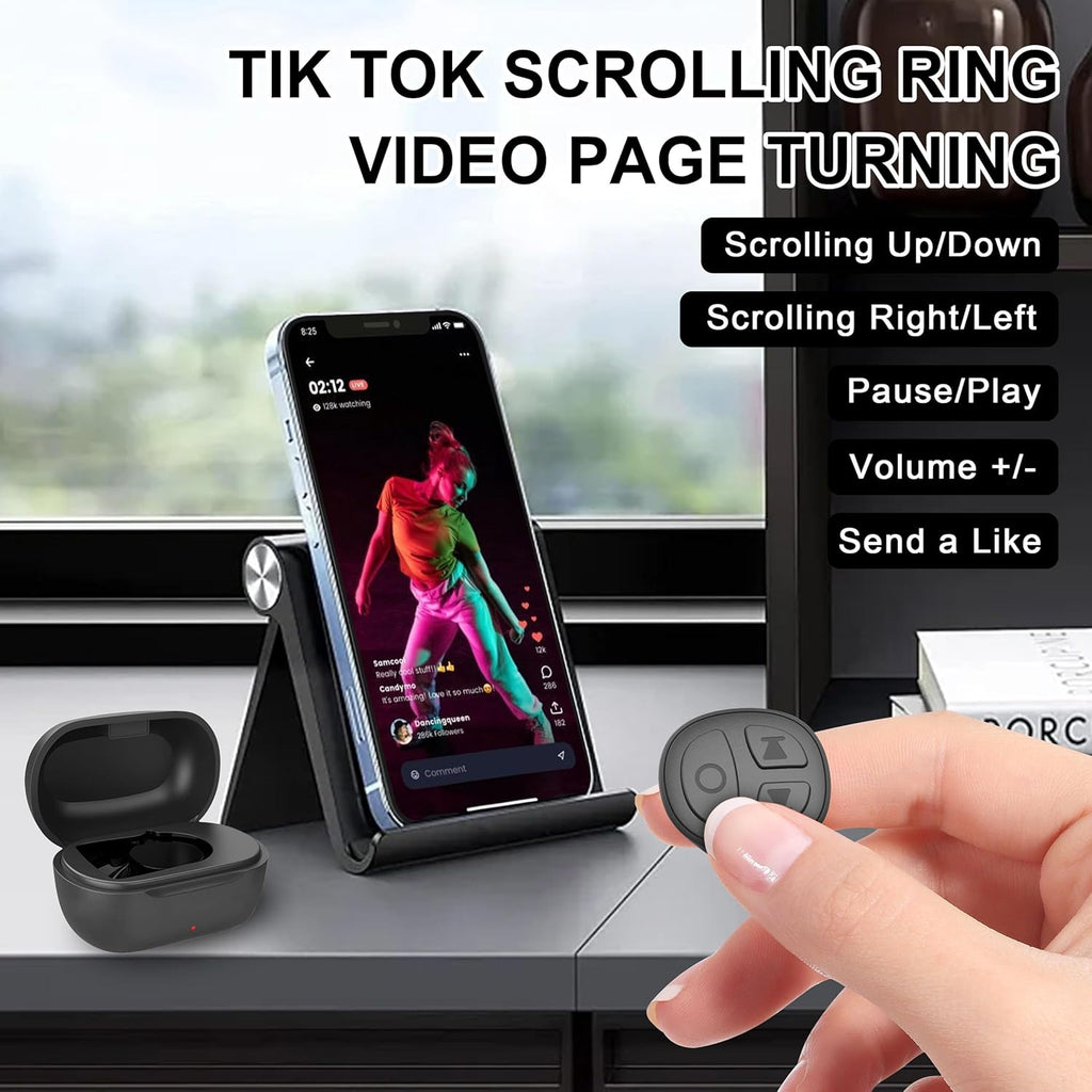 Tiktok Scrolling Ring for iPhone, Bluetooth Camera Remote Control, Remote Control for TIK Tok Scrolling Ring for iPhone, Android (Black)