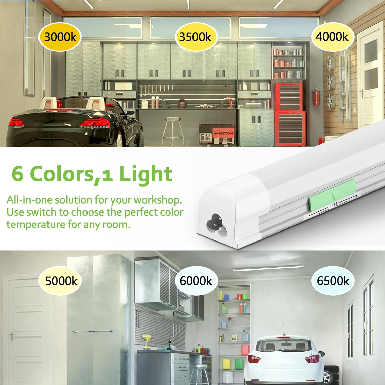 6 Pack Dimmable 4FT Led Shop Lights,30W T8 Integrated LED Tube Light,3000-6500K Tunable,4500LM W Frosted Cover,High Output,Linkable,Plug and Play Lights for Workshop,Garage,Basement,Barn