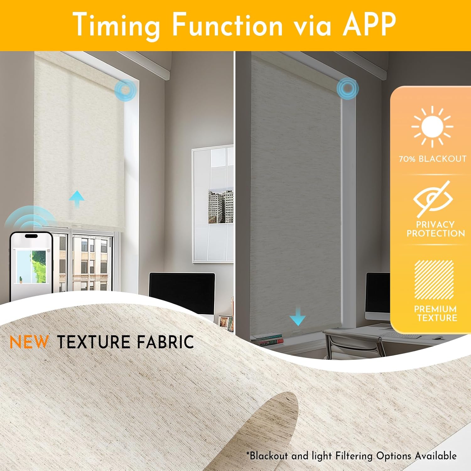 Persilux Smart Motorized Blinds with Remote, No Drill Automatic Roller Shades for Indoor Windows, Light Filtering Linen Fabric, Electric Blinds for Windows, Texture Beige 1702, Custom Size