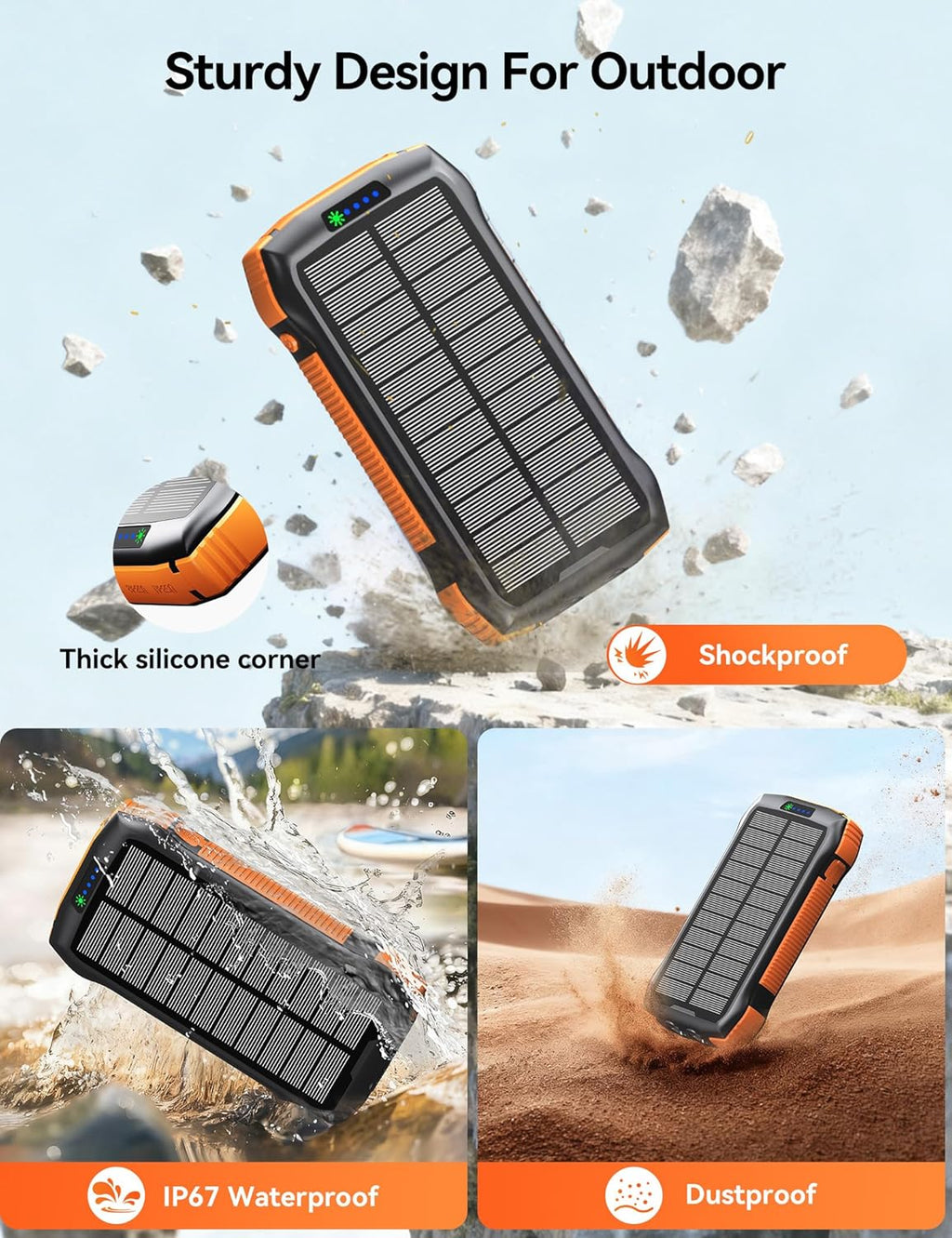 Solar Charger Power Bank, 40000mAh Wireless Portable Charger QC3.0 PD 20W Fast Charging with USB-C in/Output, External Battery Pack with Dual Flashlights Hiking Camping Essential