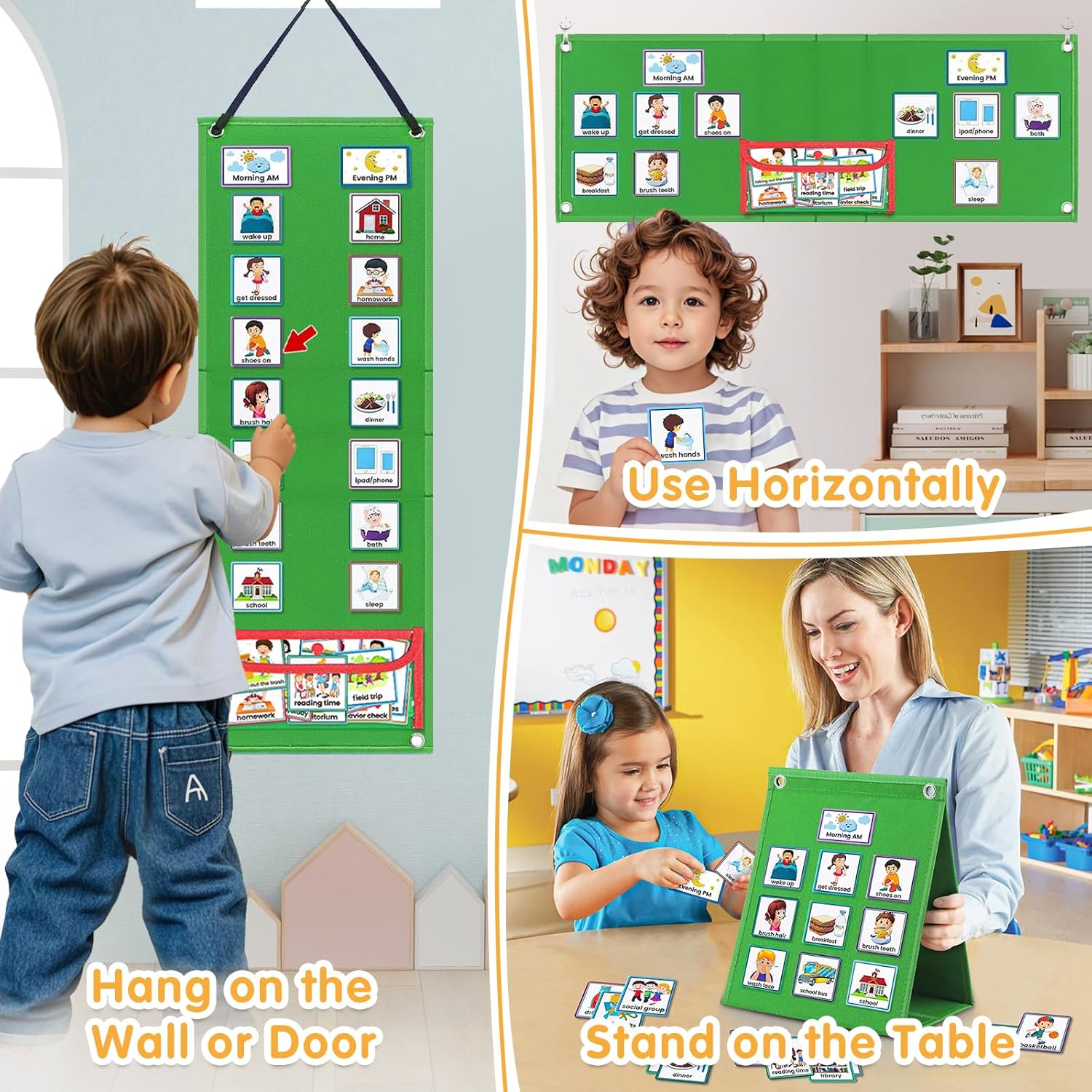 Visual Schedule for Kids with Autism Chore Chart for Kids Daily Routine Chart Autism Learning Materials Toddler Planning Board Visual Schedule for Classroom, Home with 124 Cards (Green)