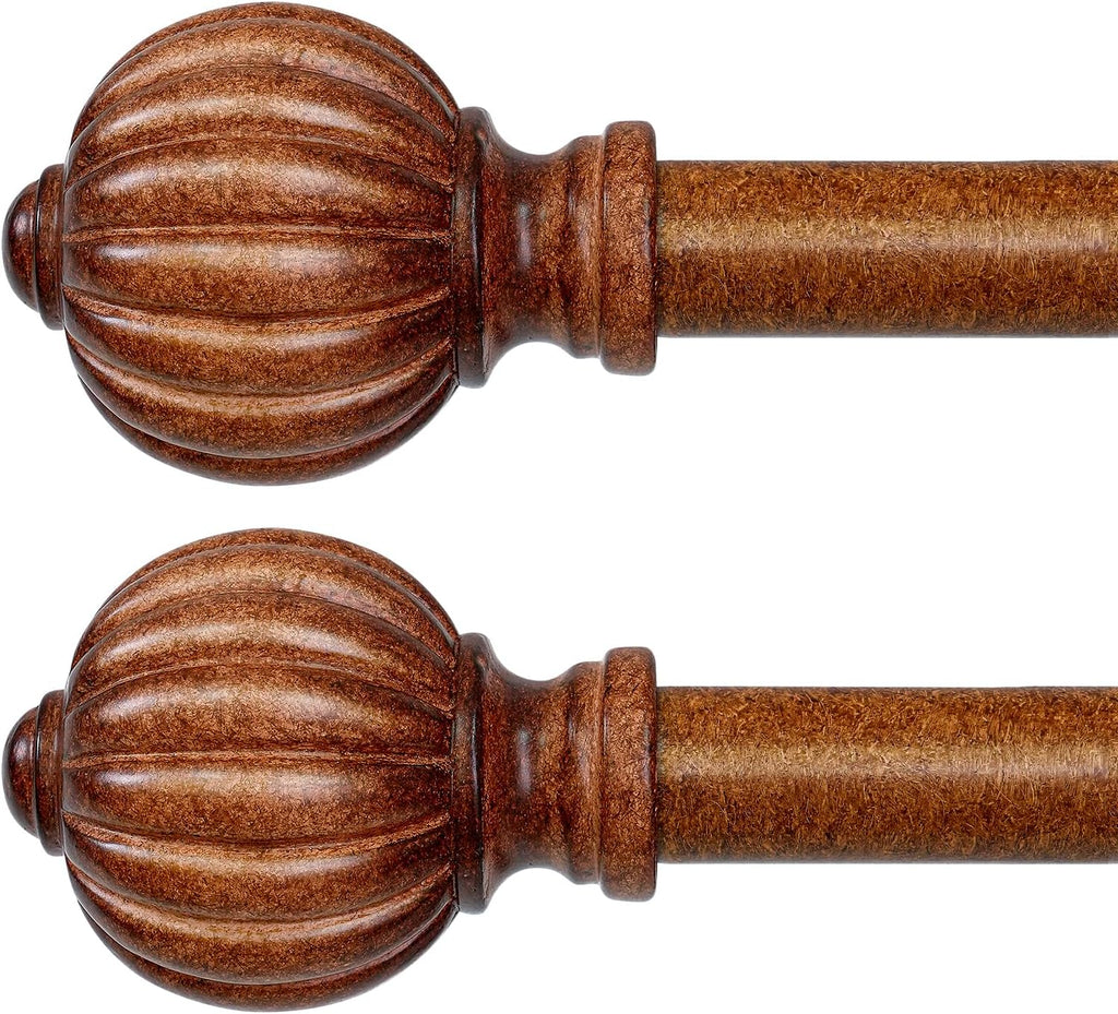 2 Pack Dark Brown Wood Curtain Rods for Windows 48 to 84 Inch, 1'' Adjustable Heavy Duty Curtain Rod，Vintage Imitation Wood Decorative Drapery Rods with Pumpkin Finials for Bedroom Living Room