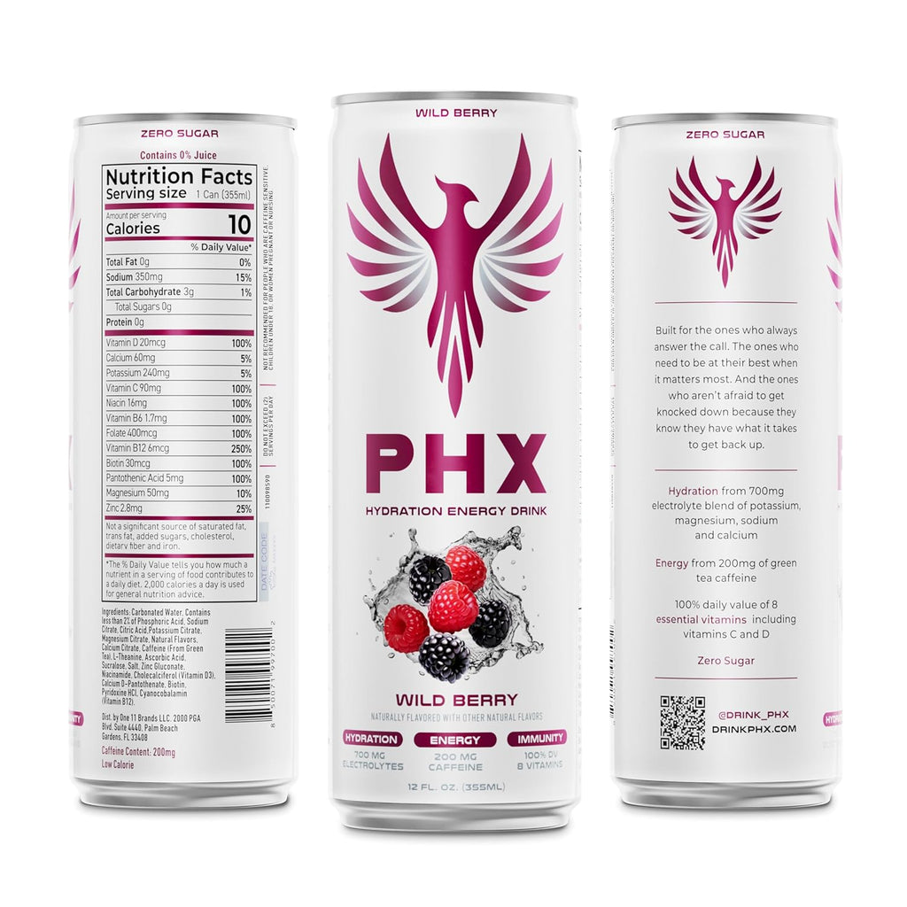 PHX Hydration Energy Drink - 700mg Electrolytes, 200mg Natural Green Tea Caffeine, 100% Daily Value 8 Essential Vitamins - 12 oz Cans (12 Pack) (12 Pack, Wild Berry)