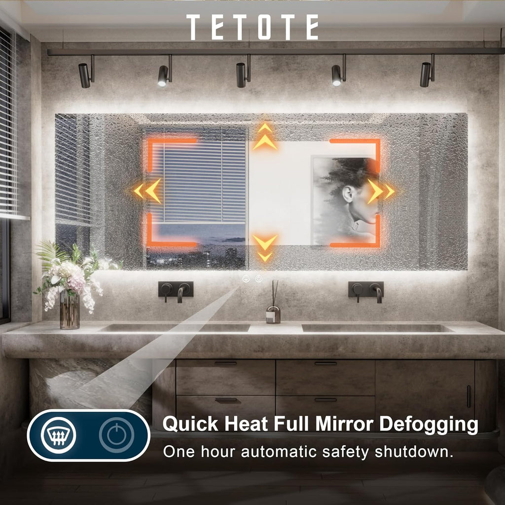TETOTE 96 x 36 Inch LED Backlit Bathroom Mirror with Lights,Anti-Fog Lighted Mirror,Dimmable,Vanity Mirror,Wall Mounted