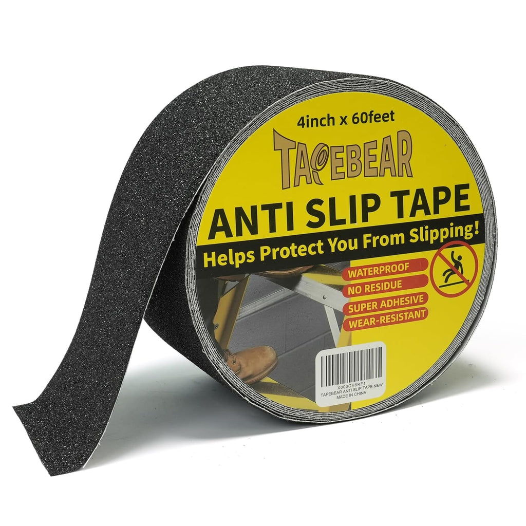TAPEBEAR Grip Tape Anti Slip Traction Tape 4 Inch x 60Ft, Non Slip Tape Waterproof Heavy Duty Safety Tape for Indoor Outdoor Steps Stairs Treads, Strong Grip