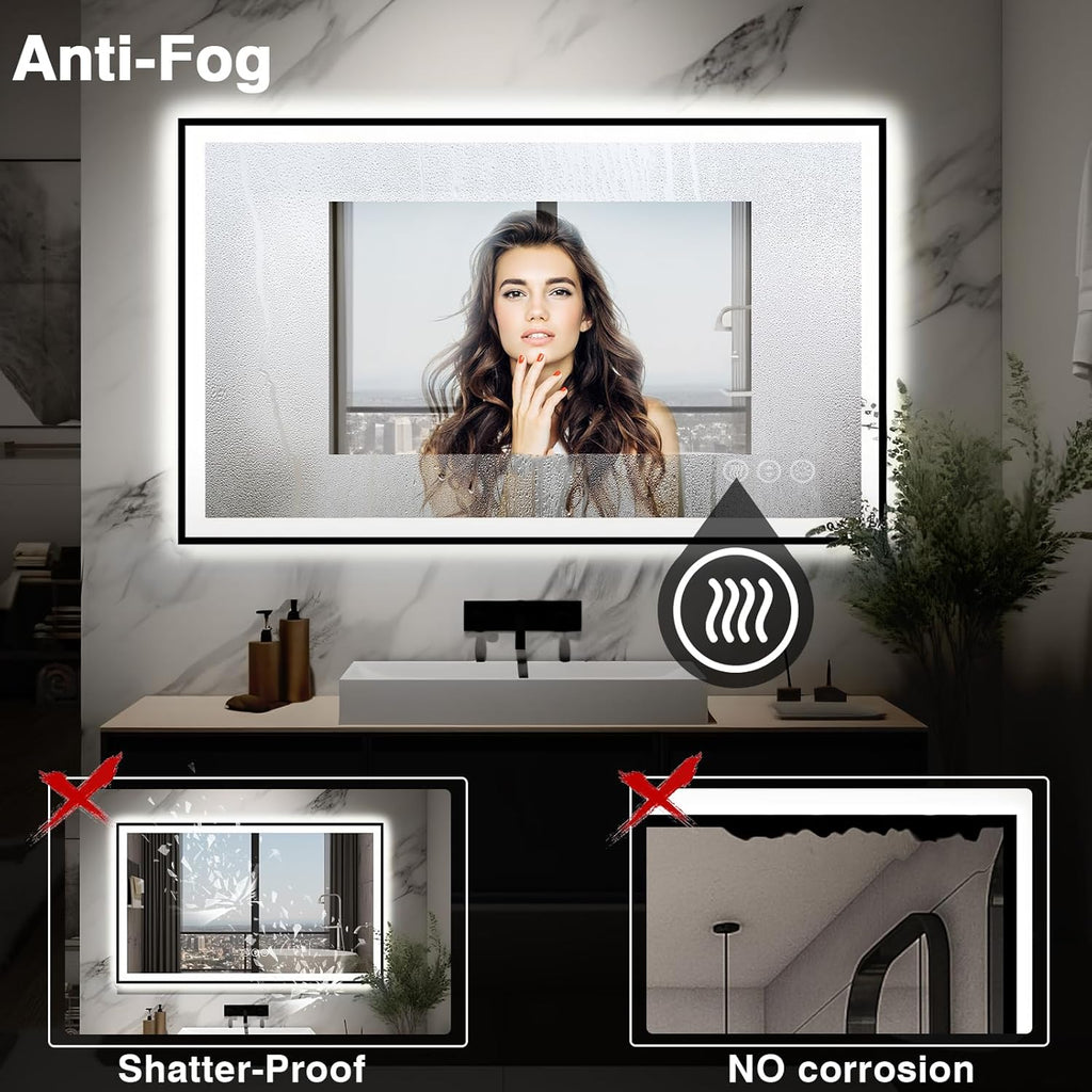48x30 LED Bathroom Mirror - Black Aluminum Framed (Front and Backlit), Anti-Fog Lighted Vanity Mirror,Stepless 3 Colors Dimmable Lighted Smart Mirror(Horizontal/Vertical)