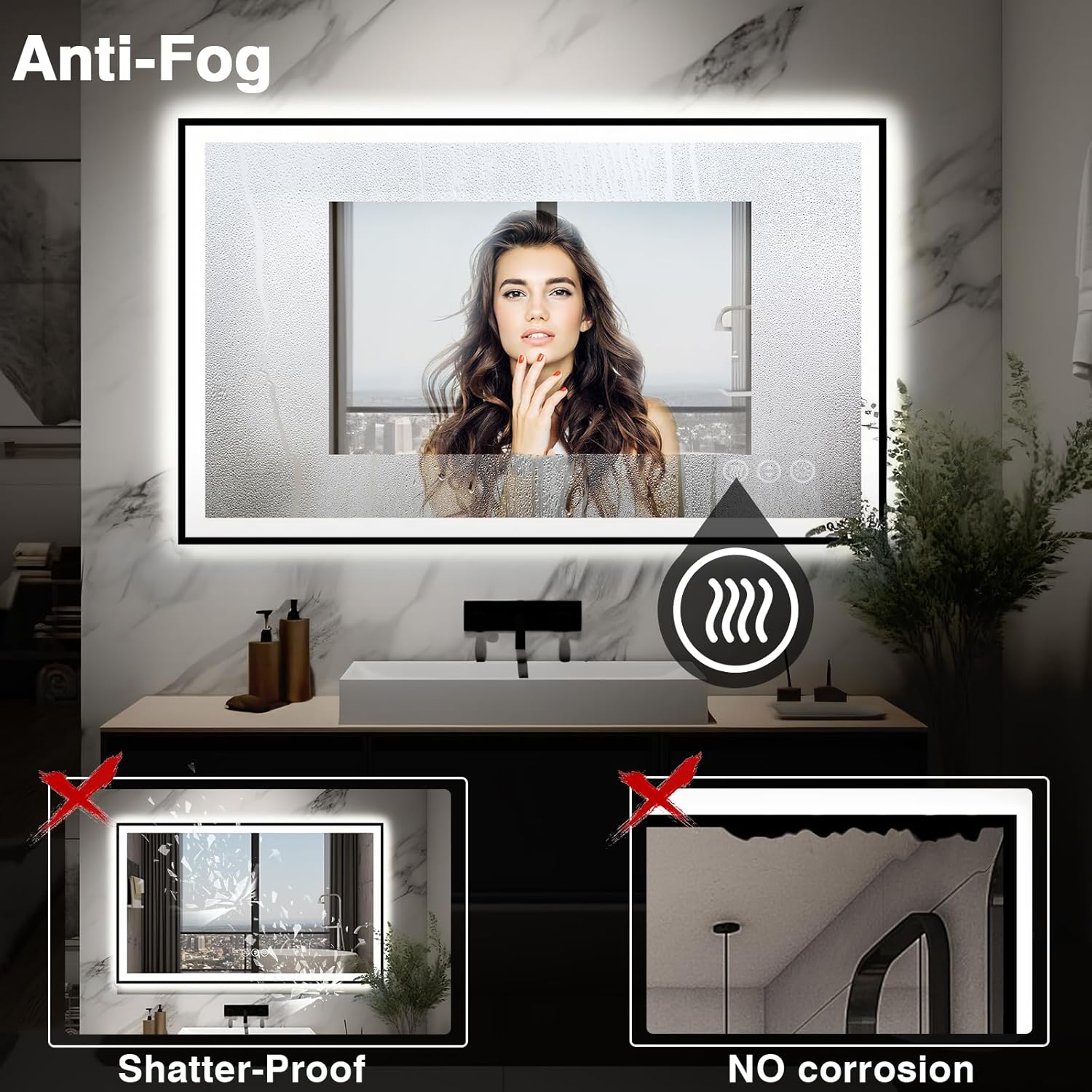 48x30 LED Bathroom Mirror - Black Aluminum Framed (Front and Backlit), Anti-Fog Lighted Vanity Mirror,Stepless 3 Colors Dimmable Lighted Smart Mirror(Horizontal/Vertical)